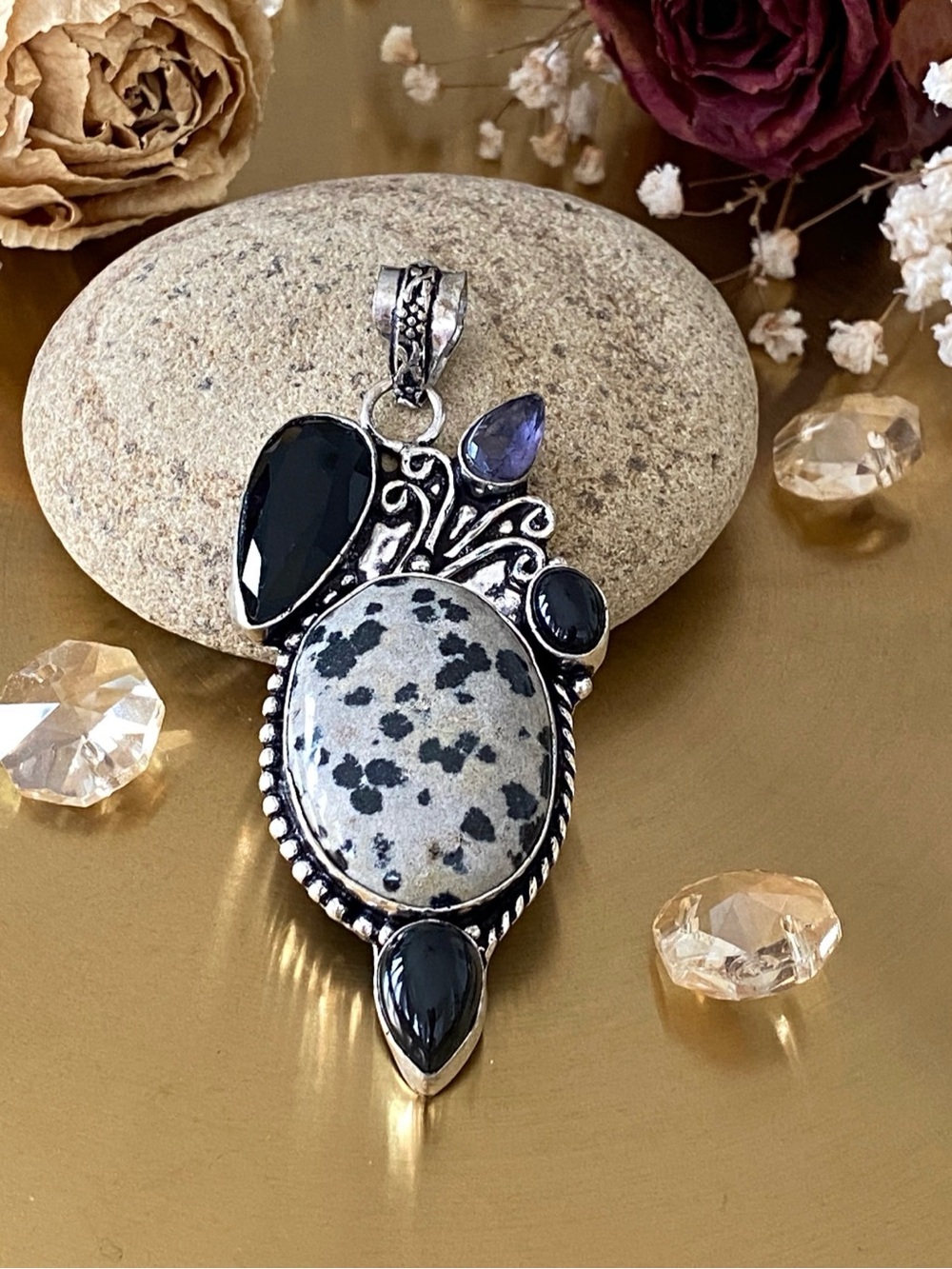 Dalmation Jasper, Onyx And Amethyst Pendant